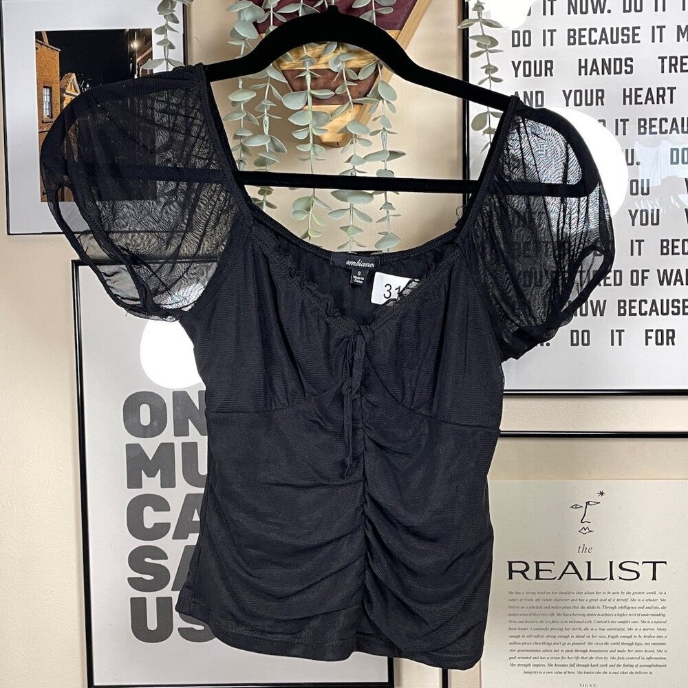 Ambiance - Black Mesh Milkmaid Off-The-Shoulder Top - Size SMALL